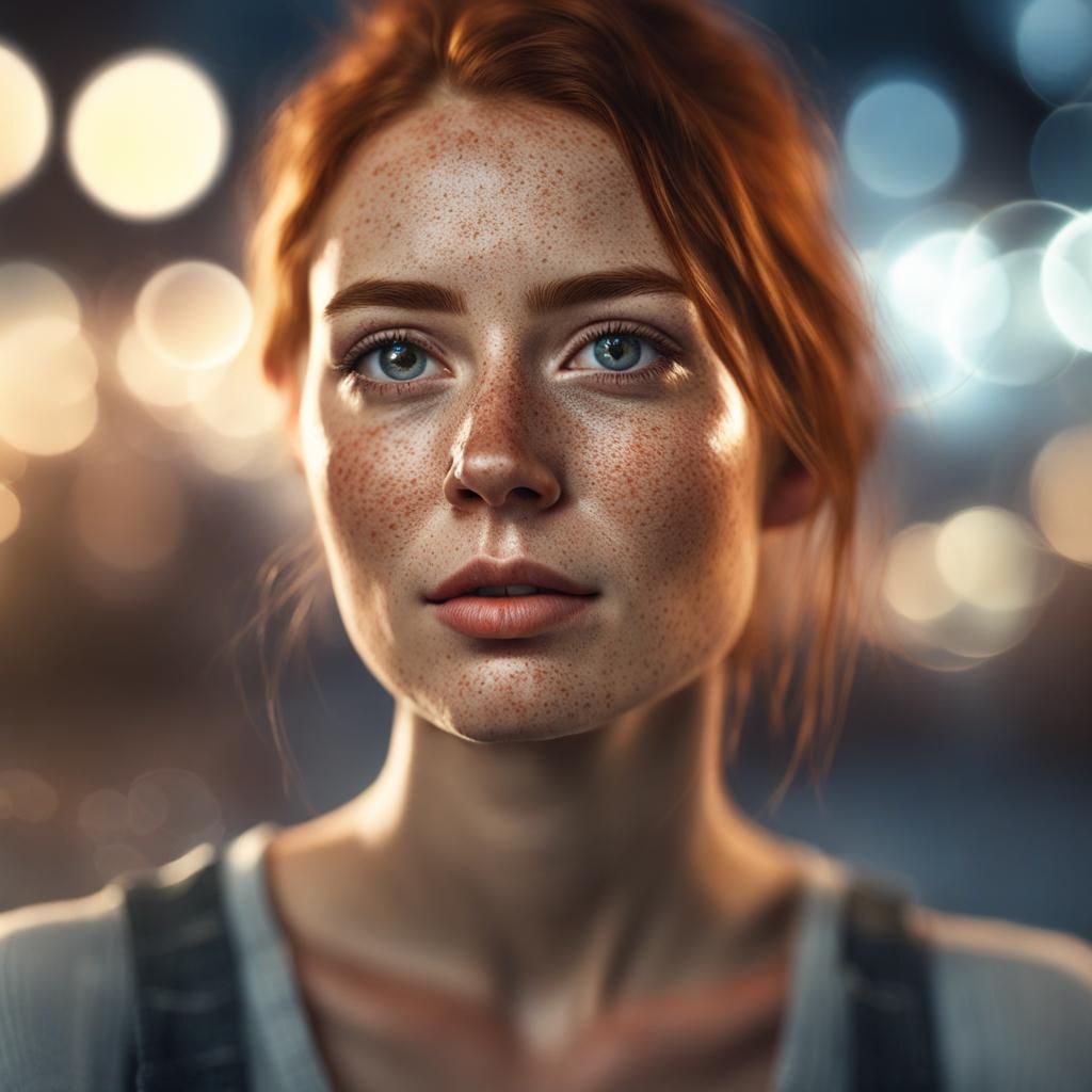 Hyperrealistic Portrait of Freckled Woman with Bokeh