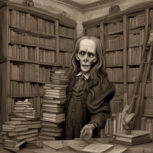 Disturbing Art Brut Woman in Ancient Library