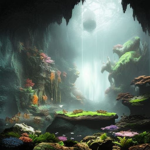 Cinematic Dark Cave with Aquarium Walls