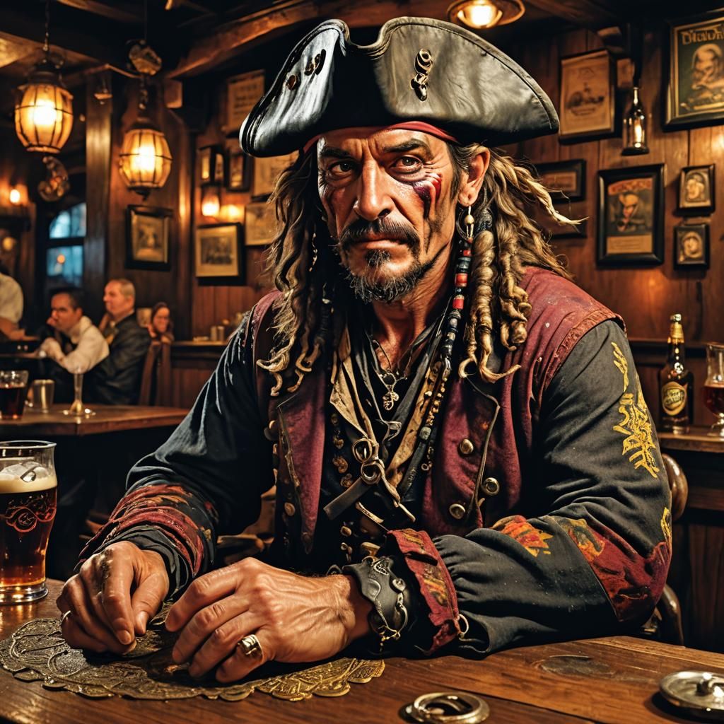 Calico Jack in Irish Pub: Hyperrealistic Photo