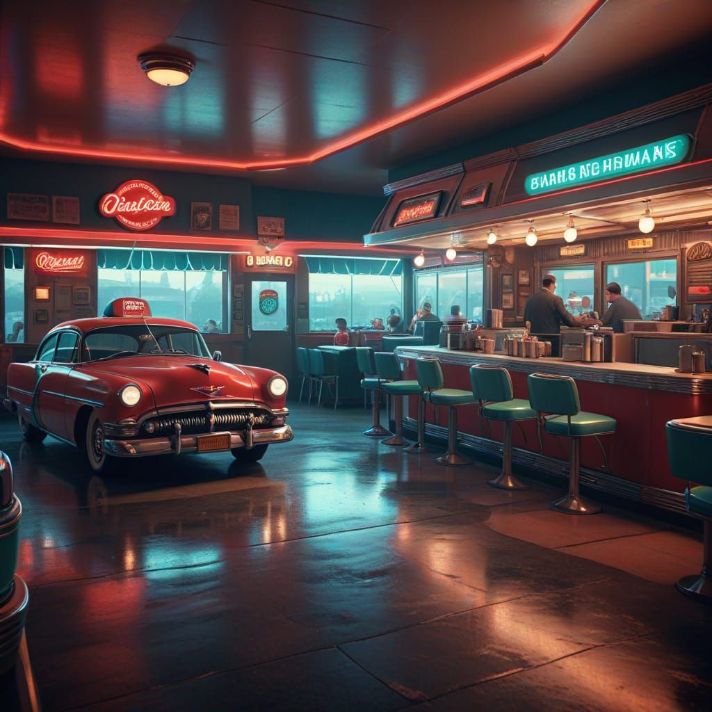 1950s Diner Scene with Classic Cars and People in Vintage St...