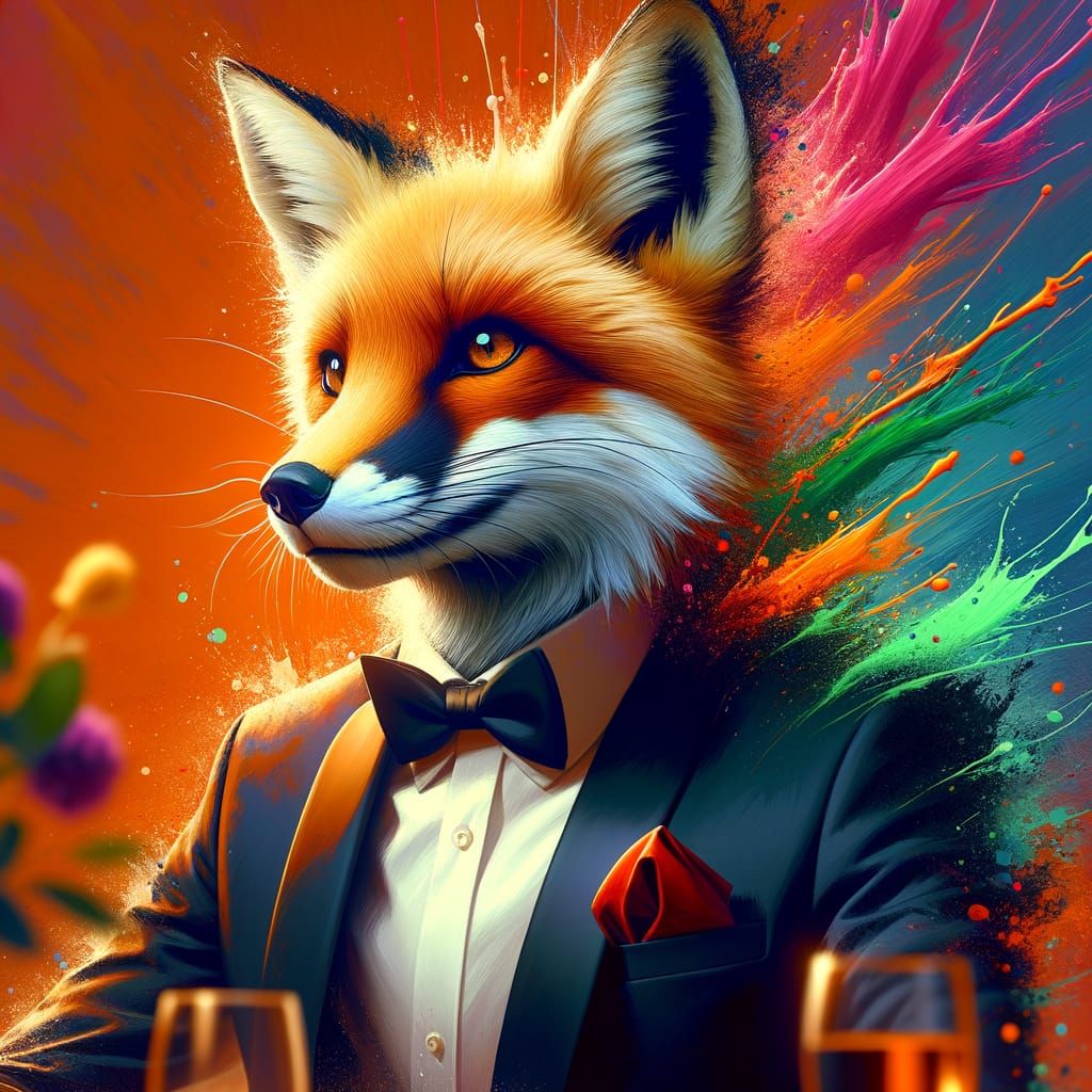 Stylish Fox in Tuxedo at Dinner Party