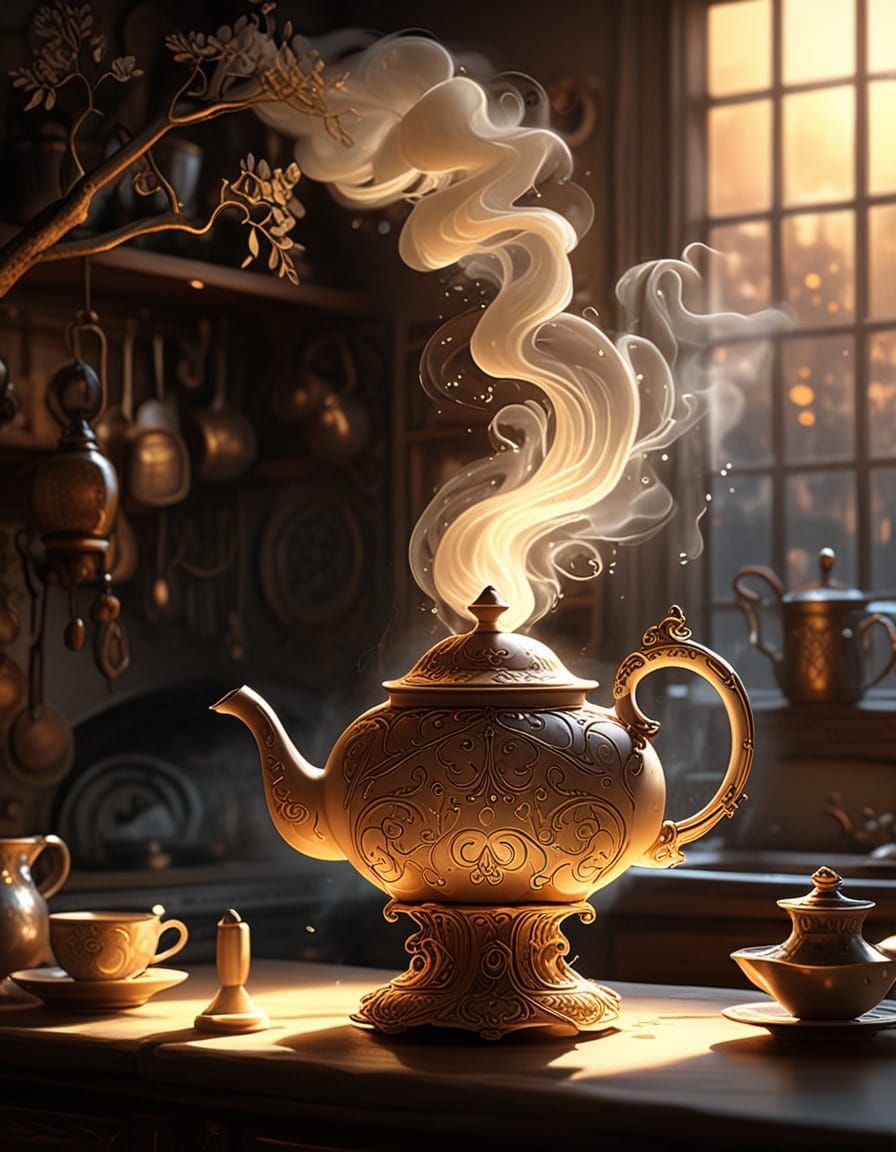 Enchanted Teapot Pours Upward in Cozy Cottage Kitchen