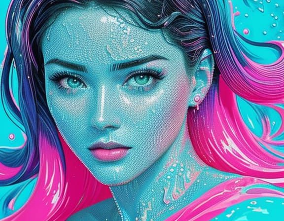 Distorted Glitching Face in Neon Pool - Vaporwave Art