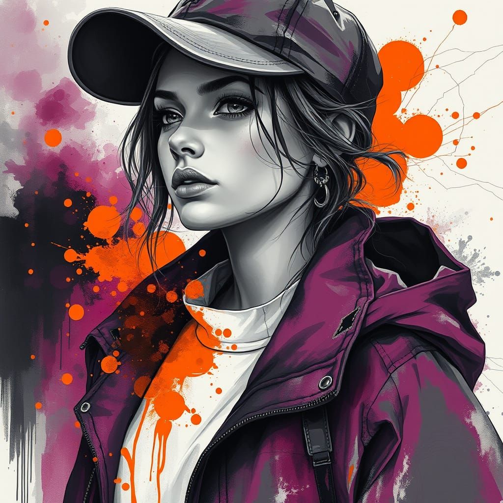 Ethereal Grayscale Woman in Street Cap, Digital Art