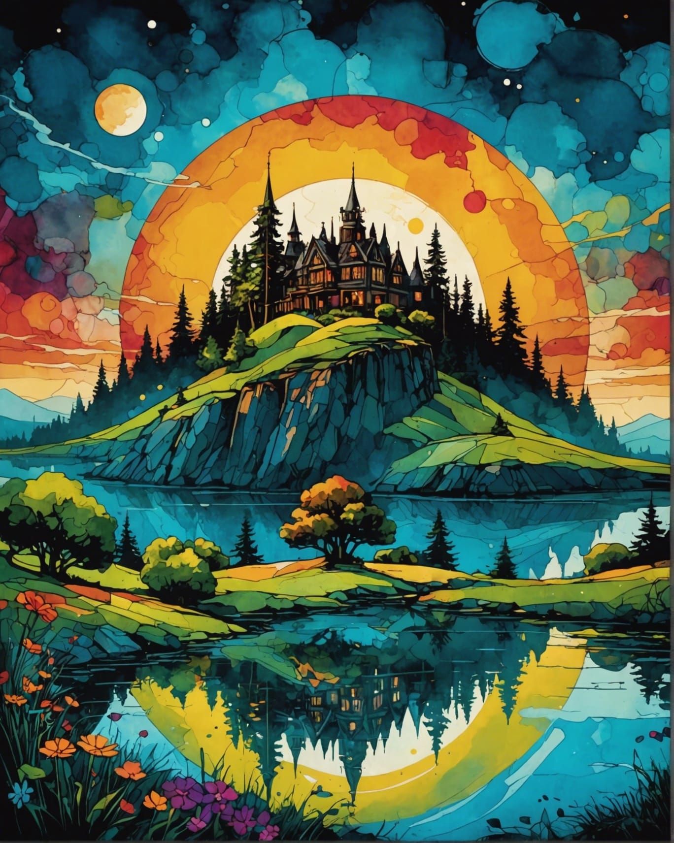 Summer Scape Sunrise in Digital Alcohol Ink Style