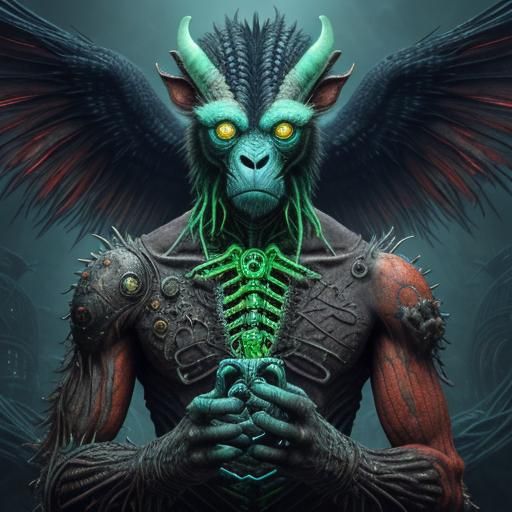 Biomechanical Hybrid Creature in Post-Apocalyptic Temple