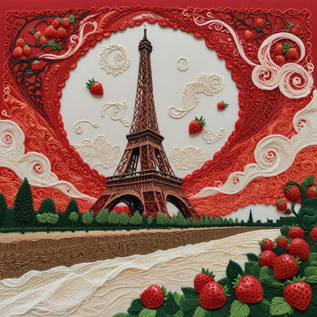Eiffel Tower Surrounded by Strawberry Flood in Embroidered A...