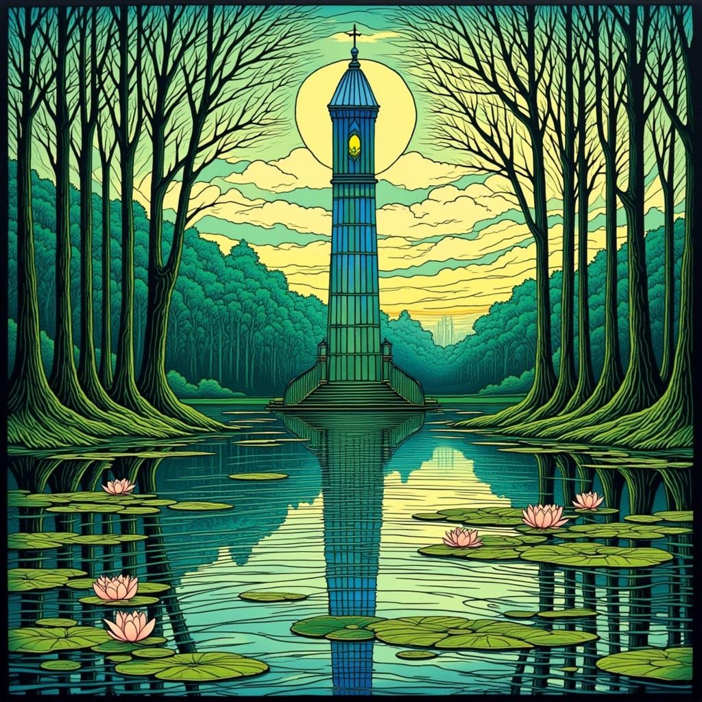 Stained Glass Obelisk in Art Nouveau Lake Landscape