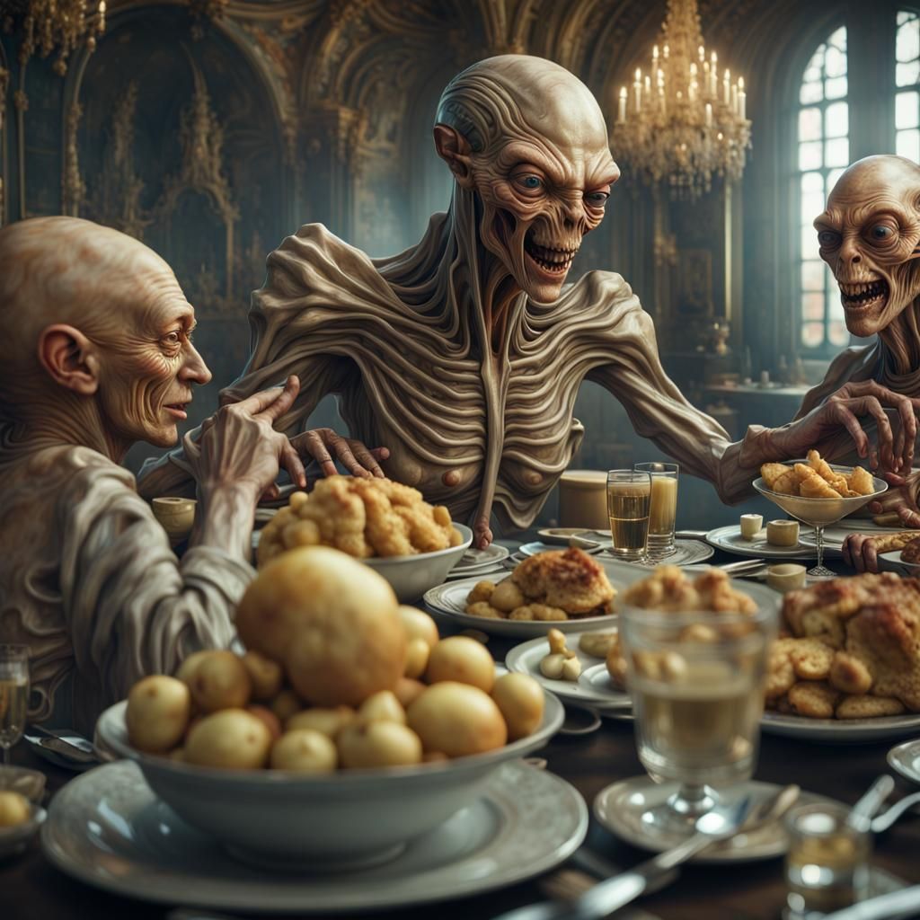 Dreamlike Feast of Smiling People in Hyperrealistic Style