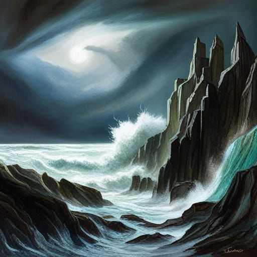 Stormy Alien Sea: Gouache Painting in 8K