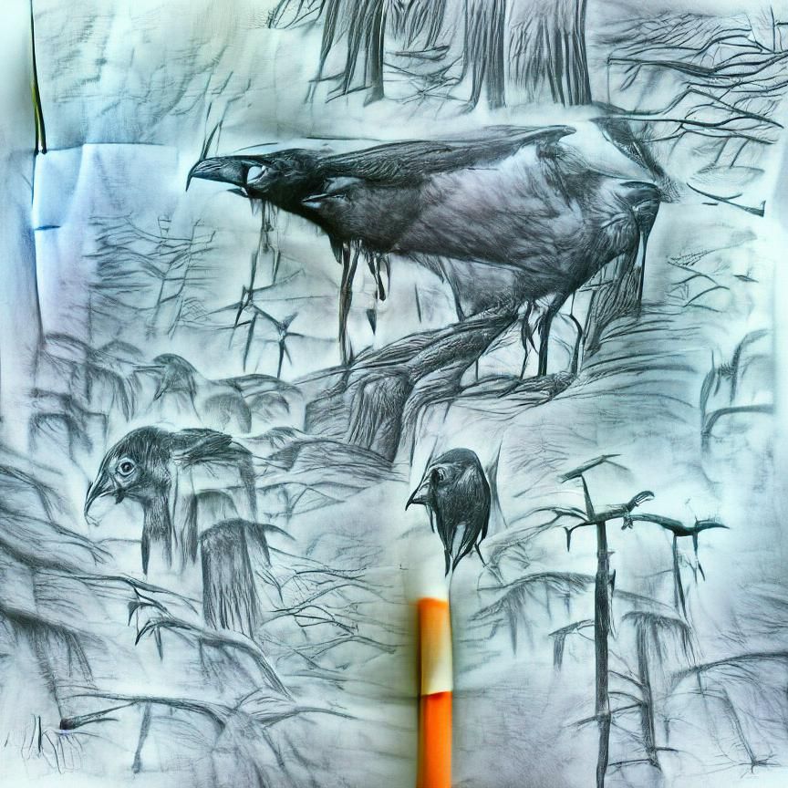 Crow in Dying Forest: Pencil Sketch