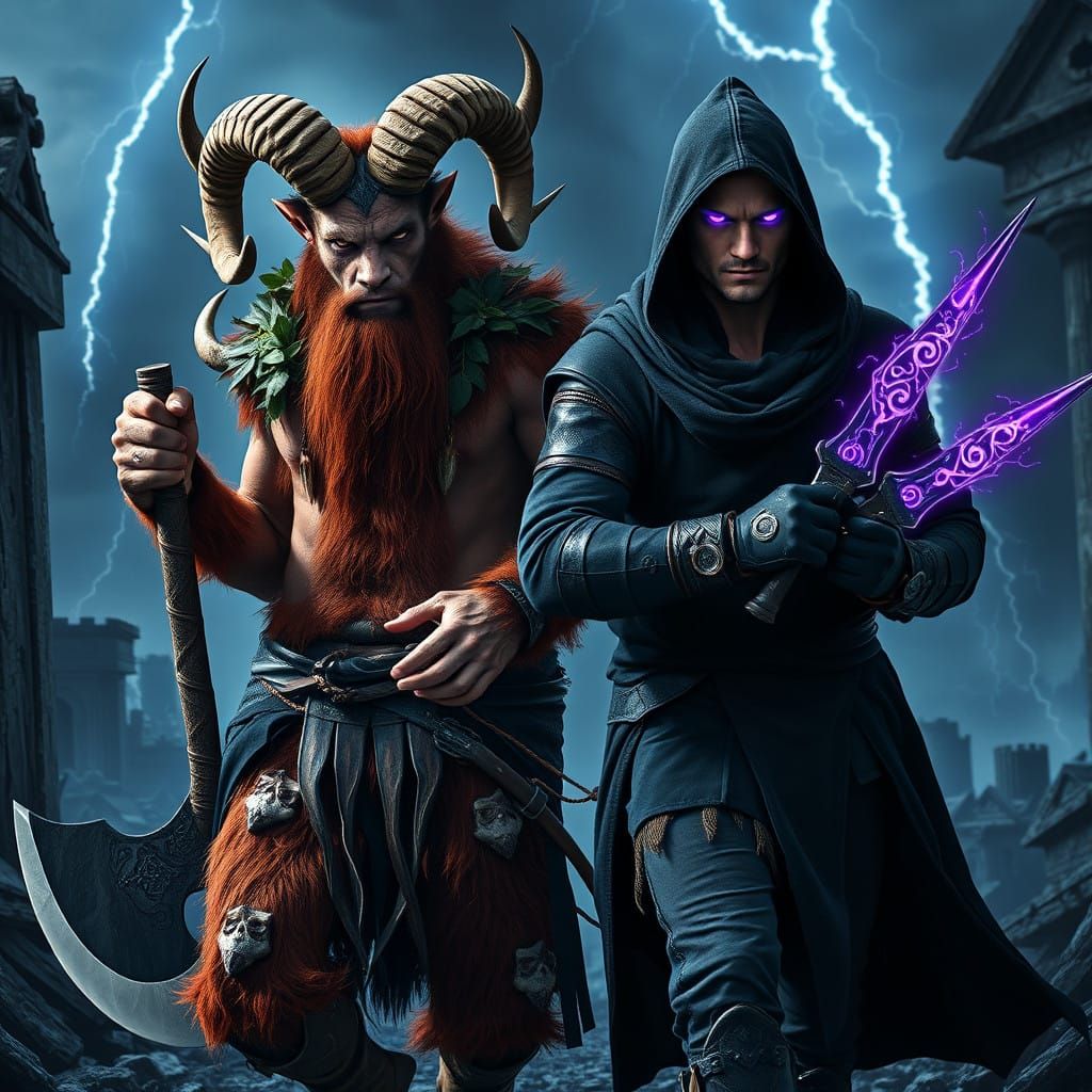 Majestic Satyr Barbarian Walks Beside Human Rogue in Dark Fa...