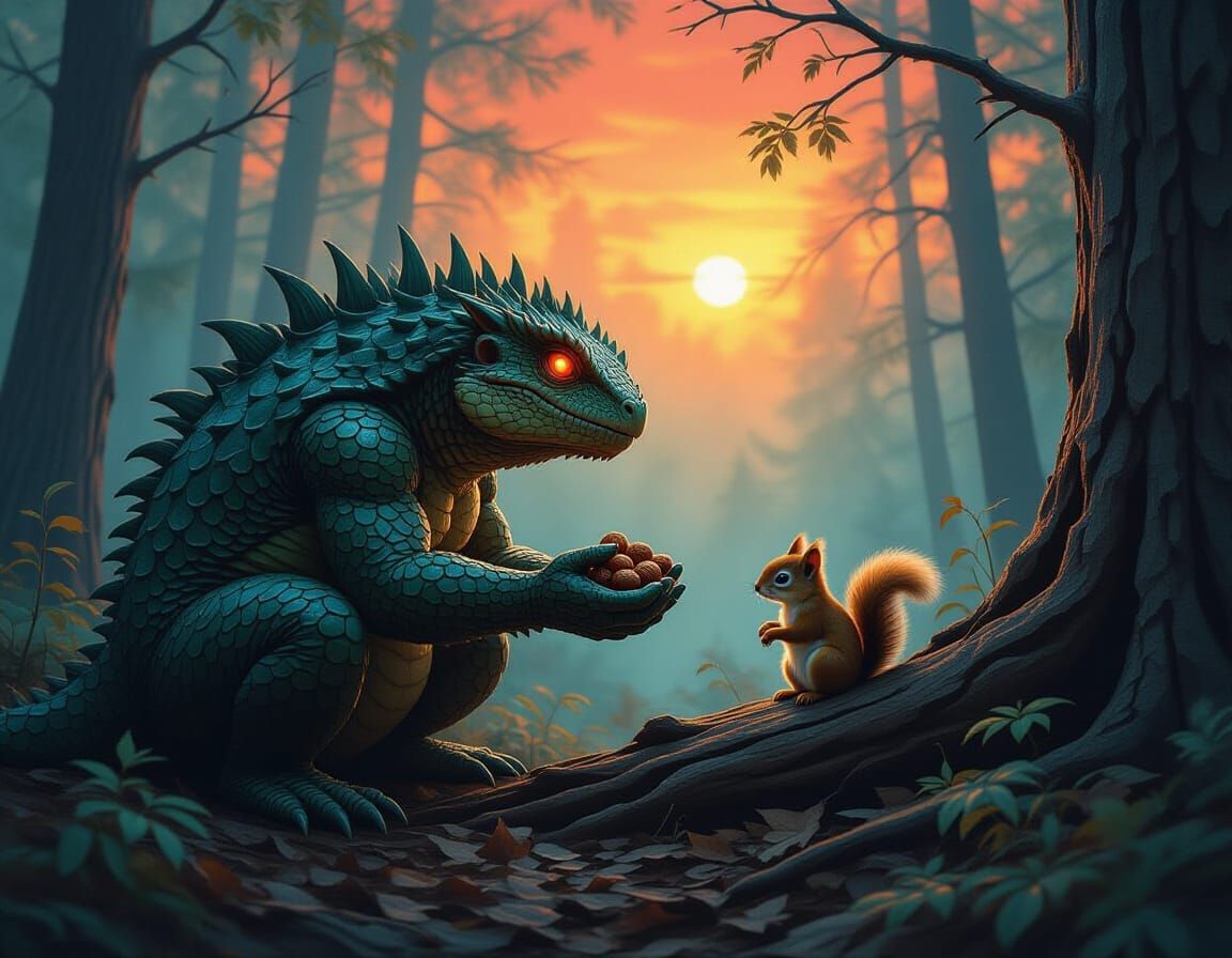 Luminous Forest Lurker and Baby Squirrel: Oil Painting