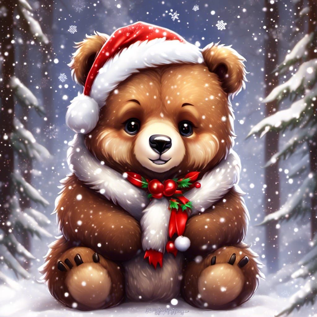 Cute Chibi Christmas Bear Cub in Hyper-Detailed Style