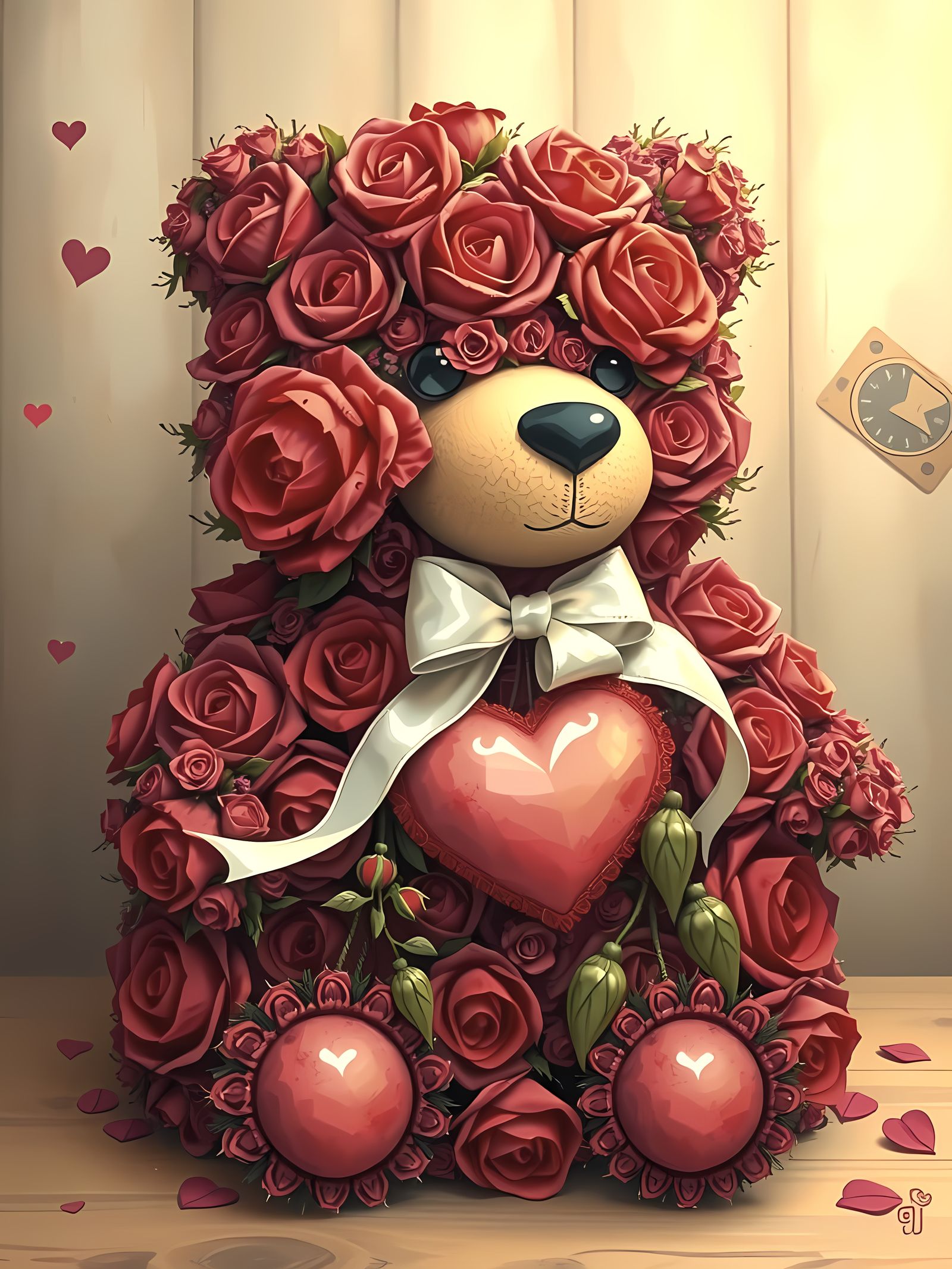 Romantic Bear Sculpted from Roses in Whimsical, Contemporary...