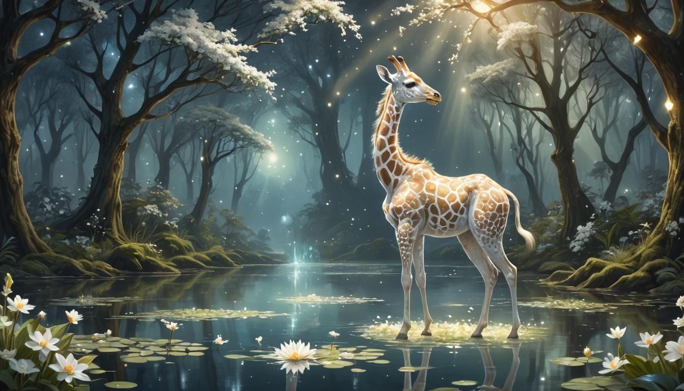Glowing Fairy Giraffe in Fantasy Forest Oil Painting