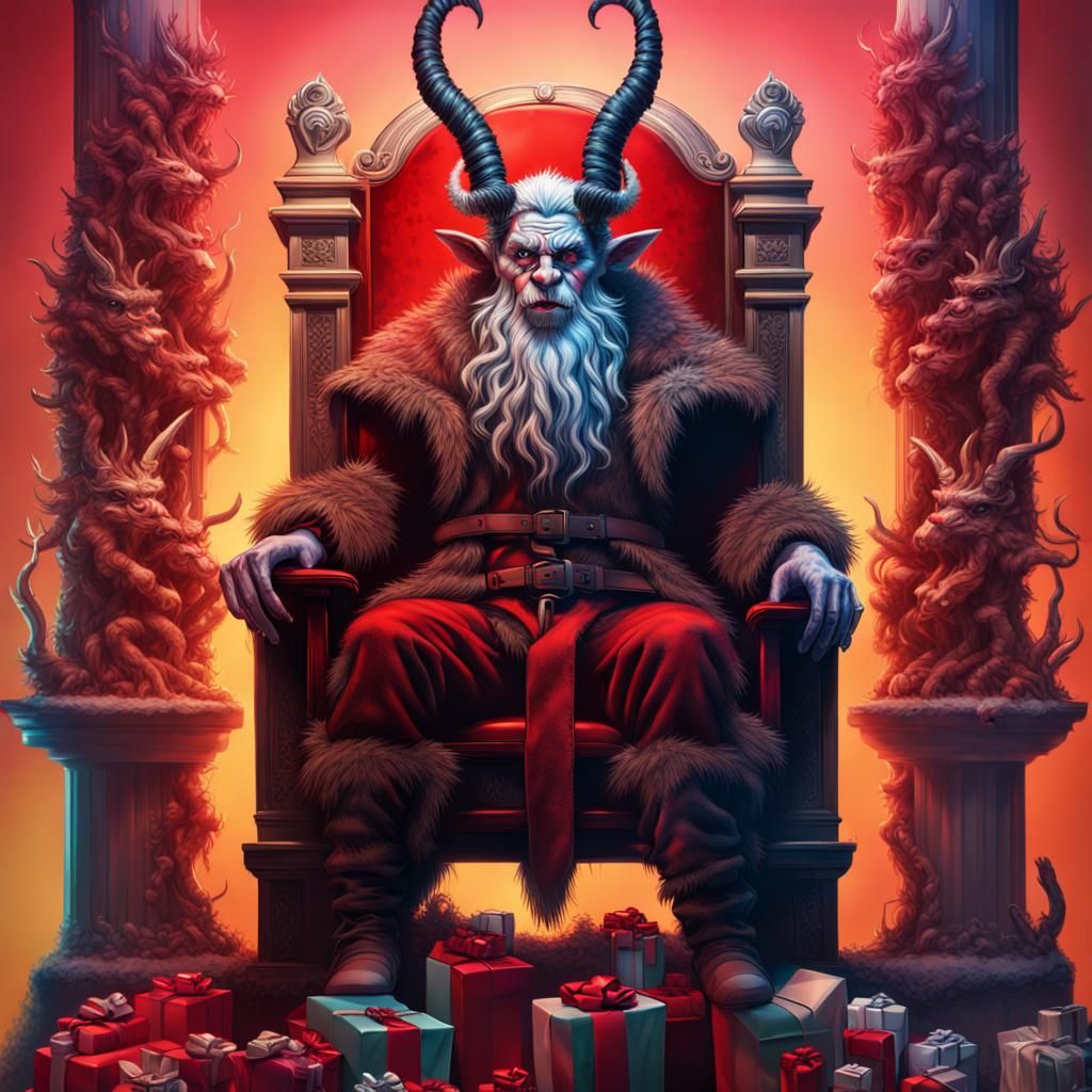 Krampus on Gift Throne: Hyperrealistic Splash Art