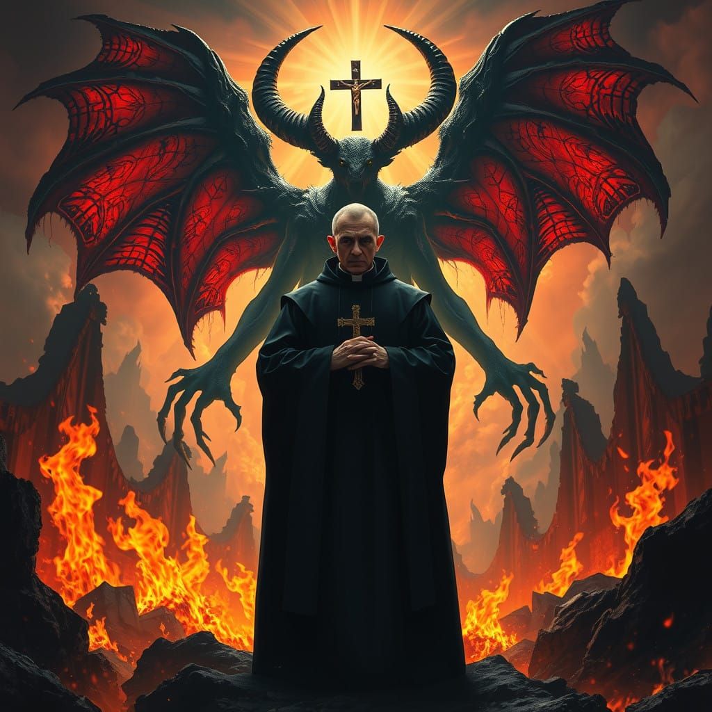 Demon Rises from Hellish Flames in Dark, Gothic Cathedral St...