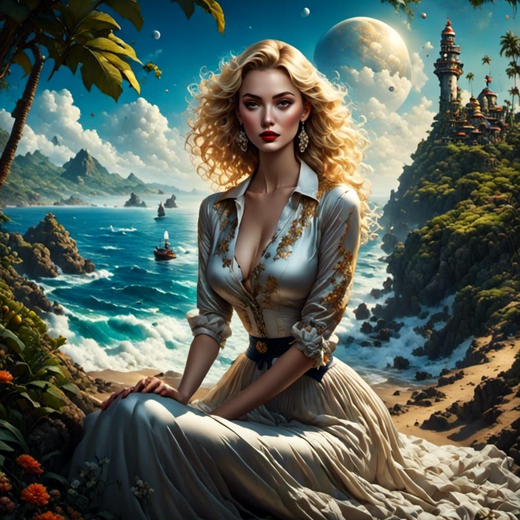 Blonde Woman by the Sea in Surreal Comic Style