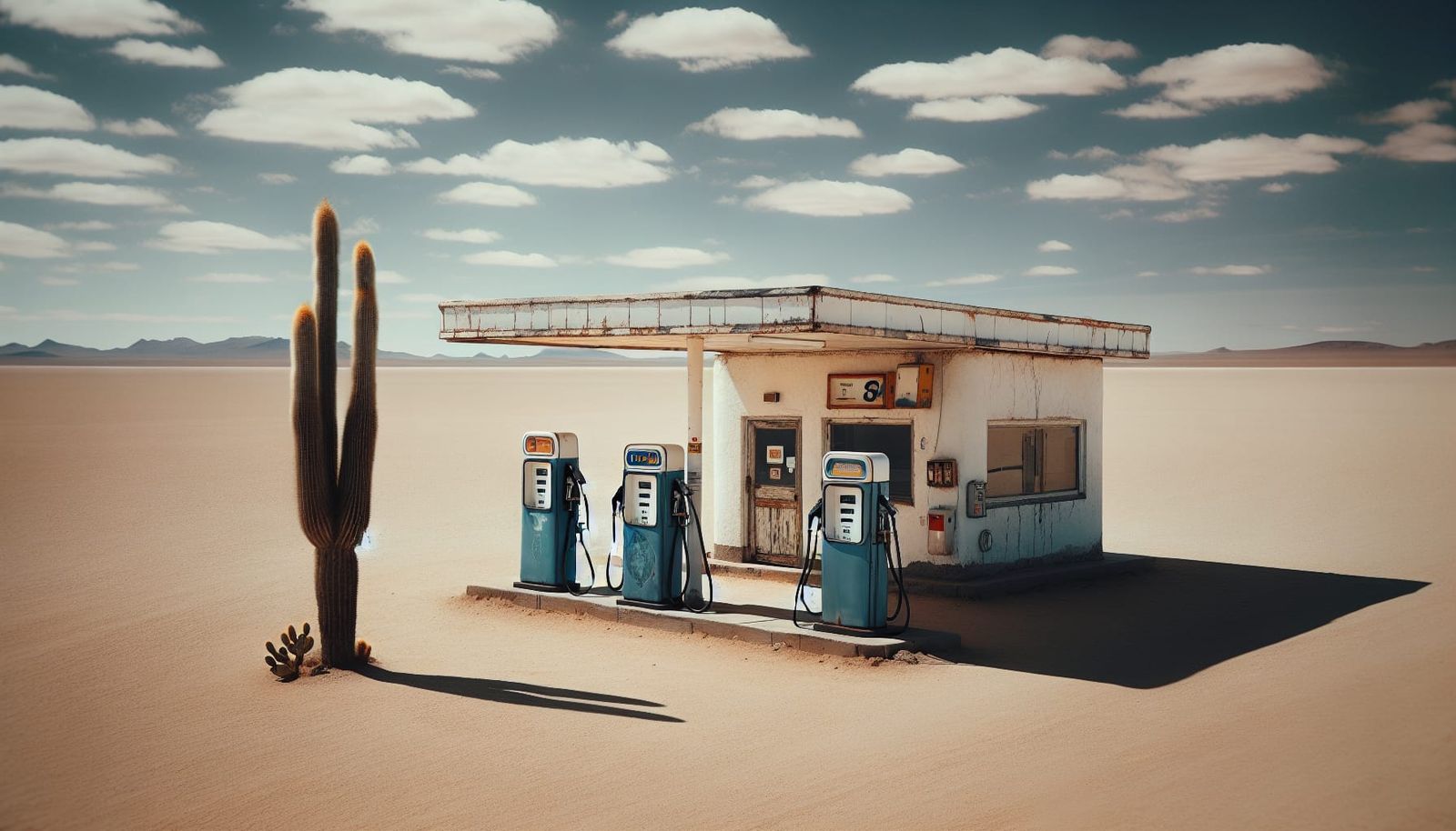 Desert Gas Station with Cactus Under Blue Sky