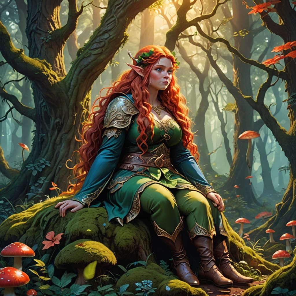 Fantasy Elf with Red Hair in Mystical Forest