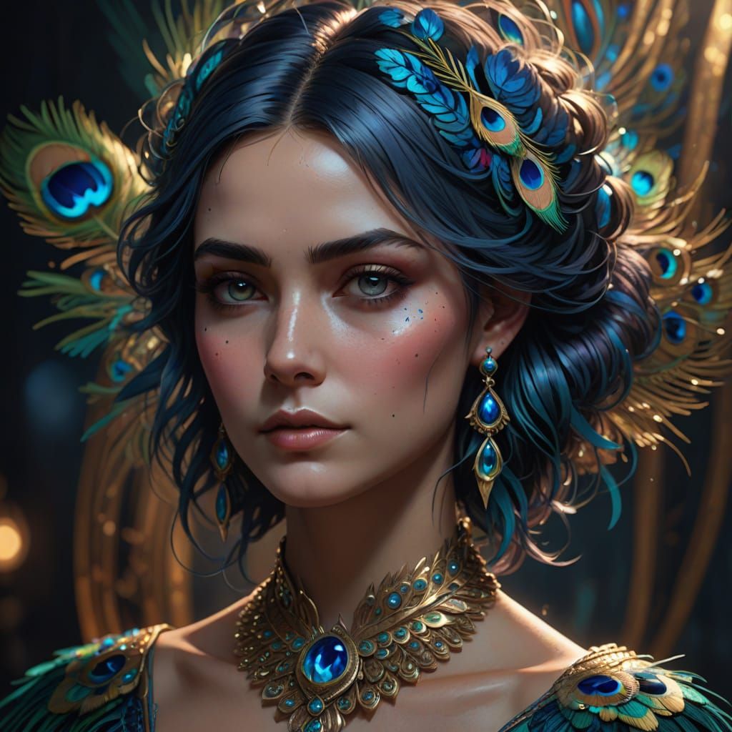 Vibrant Peacock Feather Portrait in Triadic Colors