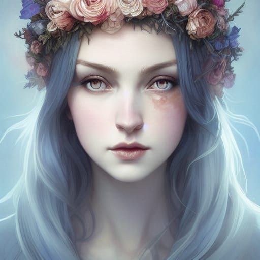 Elven Witch Portrait with Flower Crown in Soft Gothic Style
