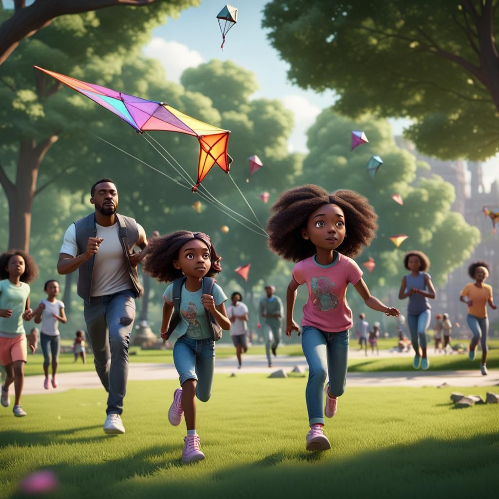 African American Family Kite Flying: Sci-Fi Render