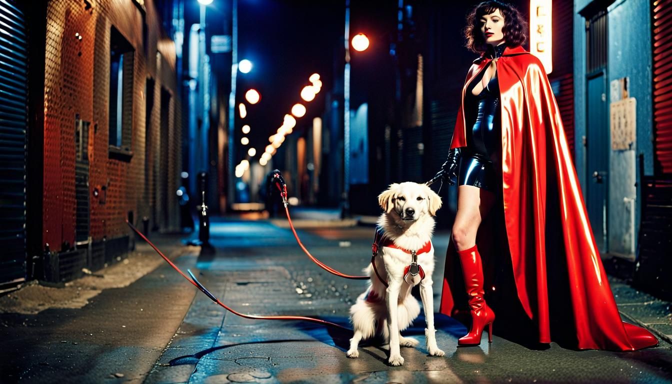 Dominant Woman with Human Dog in Cityscape