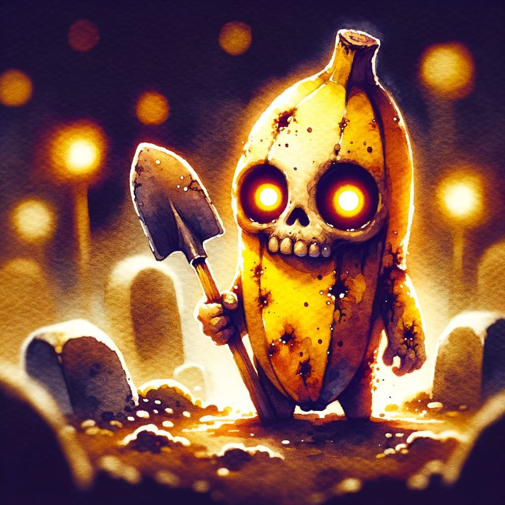 Eerie Banana Gravedigger in Watercolor Style
