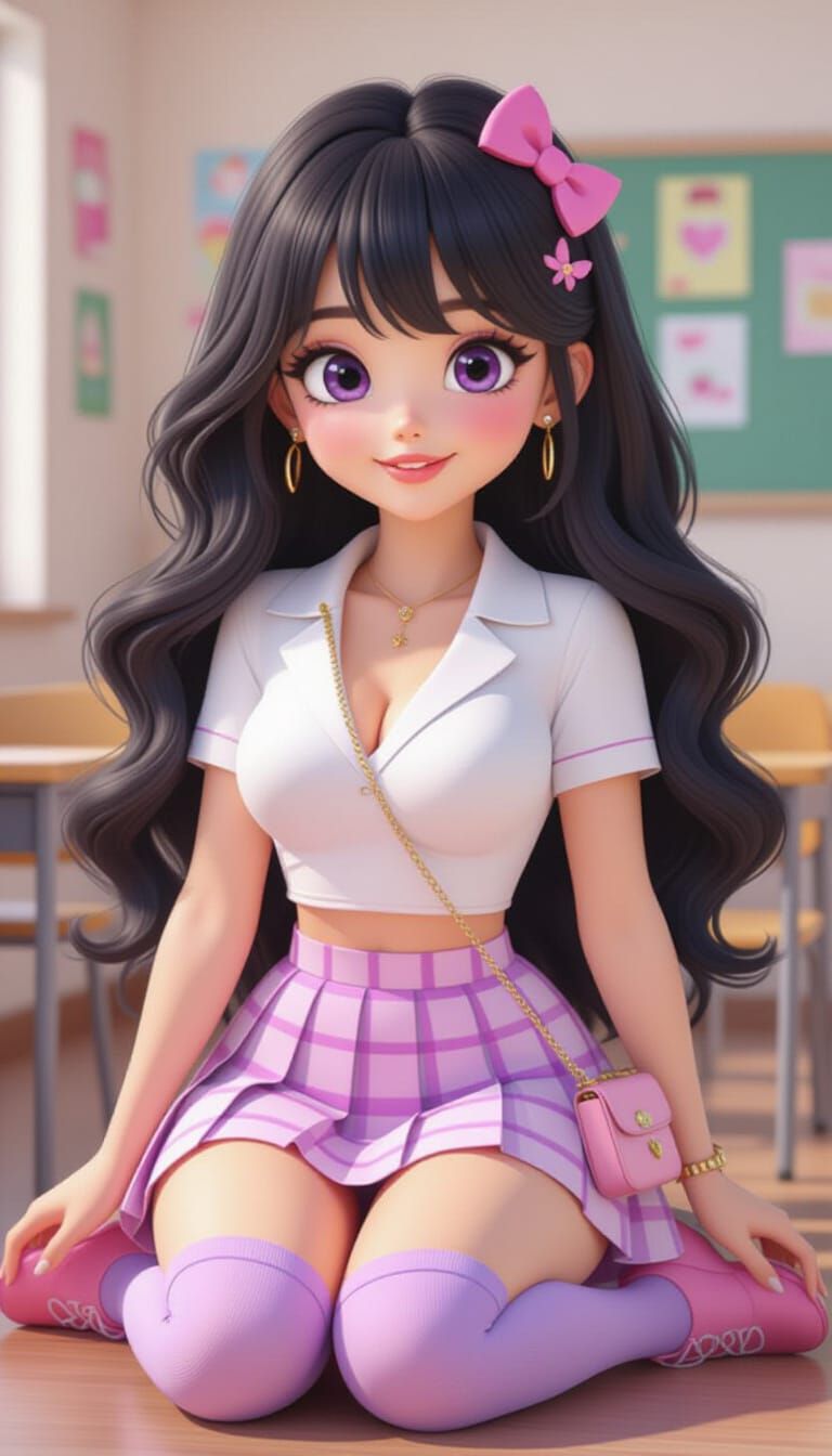 Cartoon Woman with Pink Hair Clip in Pixar Style