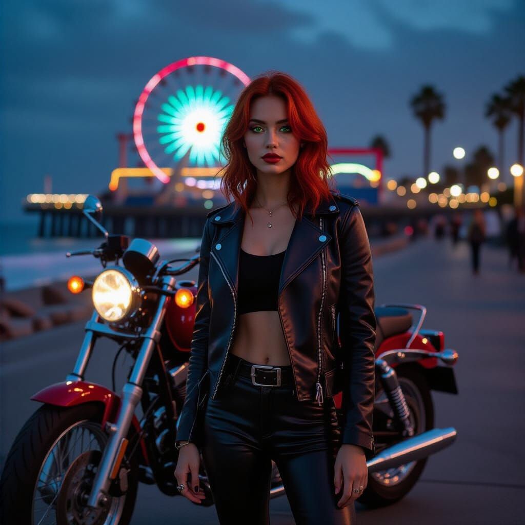 Red Haired Biker in Los Angeles at Night