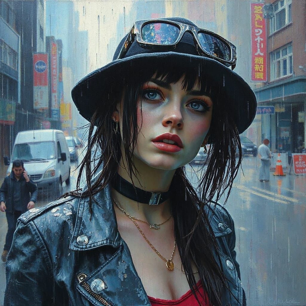 Cyberpunk Rebel in Futuristic Urban Rain, Watercolour-Infuse...