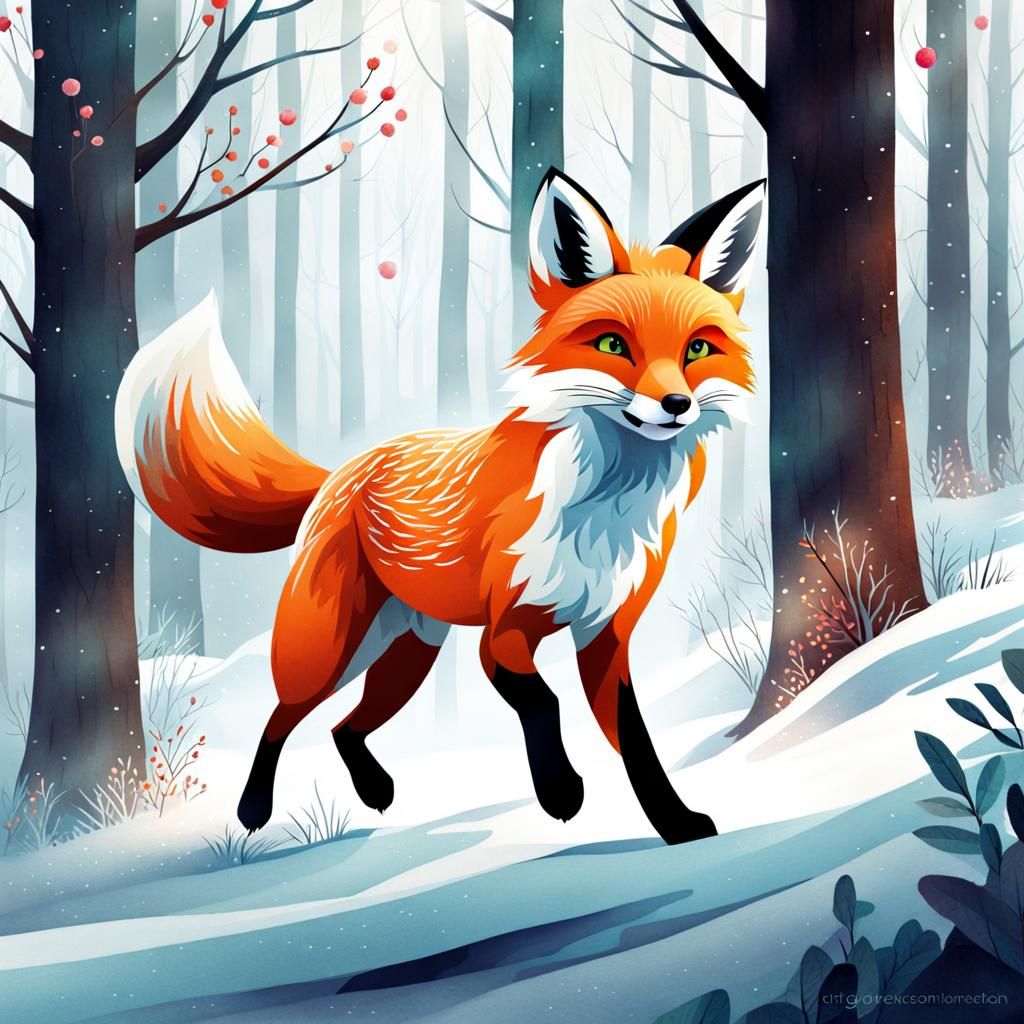 Energetic Fox Running: Digital Watercolor Illustration