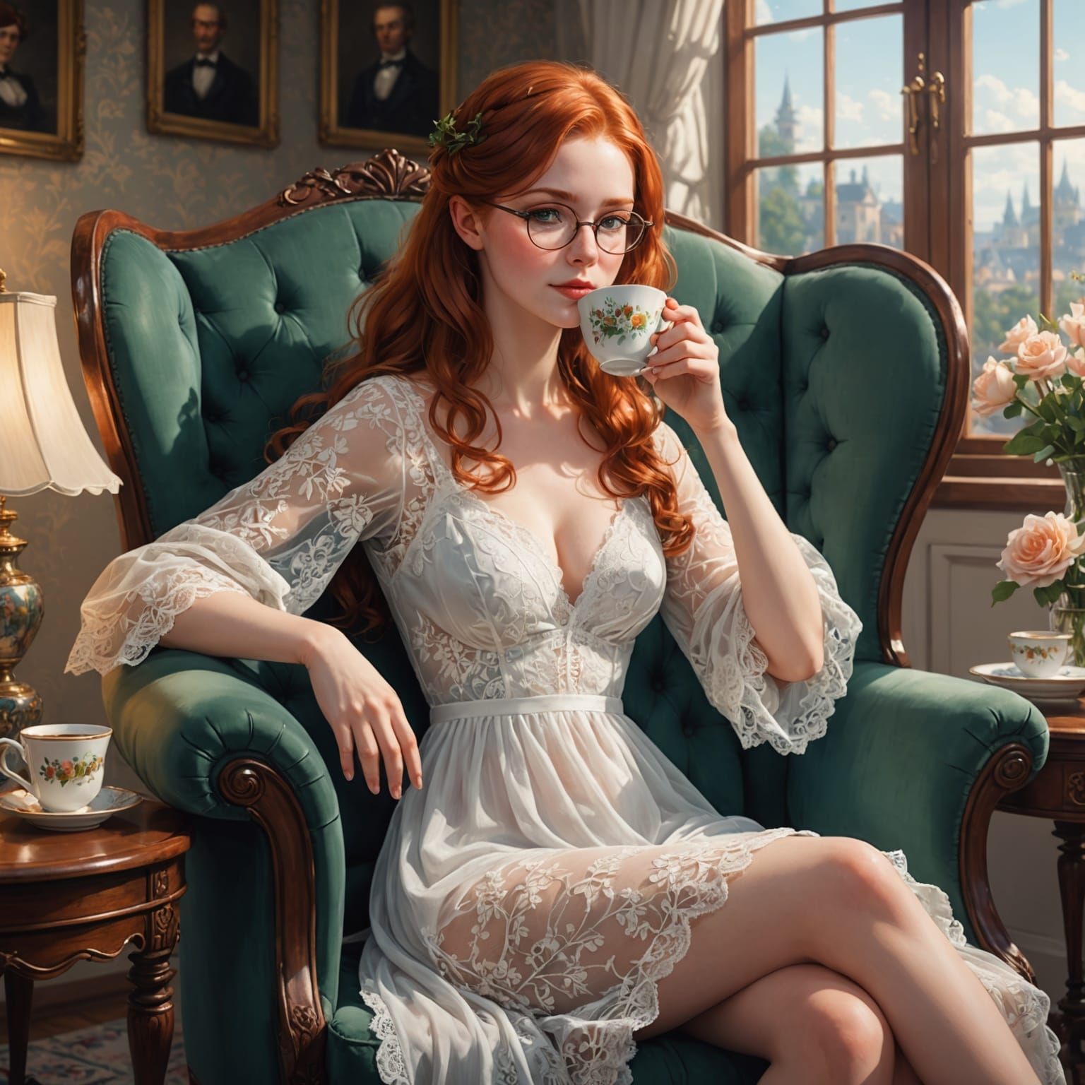 Redhead Tradwife Enjoys Tea in Lace Nightgown