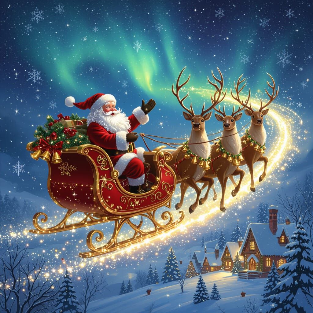 Santa Claus Sleigh Ride Through Sparkling Winter Sky