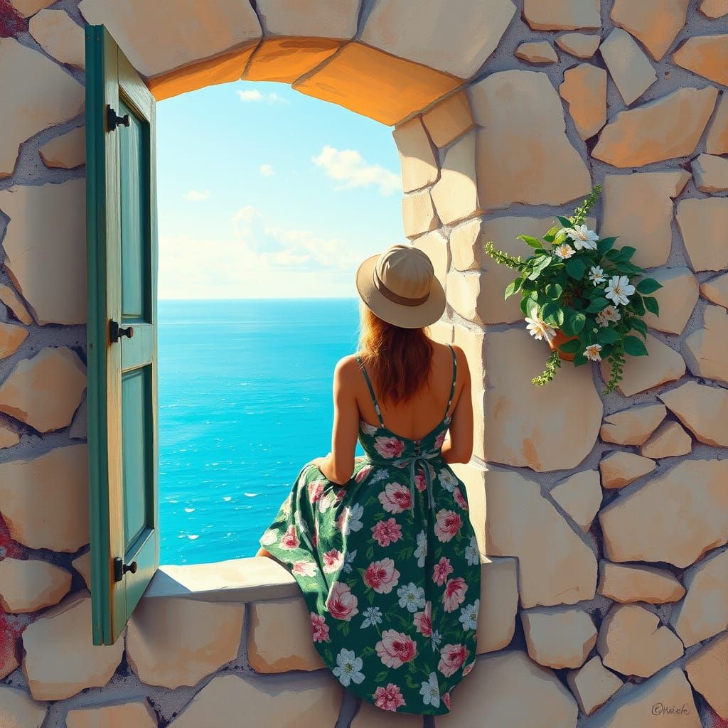 Woman in Italian Summer Dress, Sun Hat and Stone Wall, Looki...
