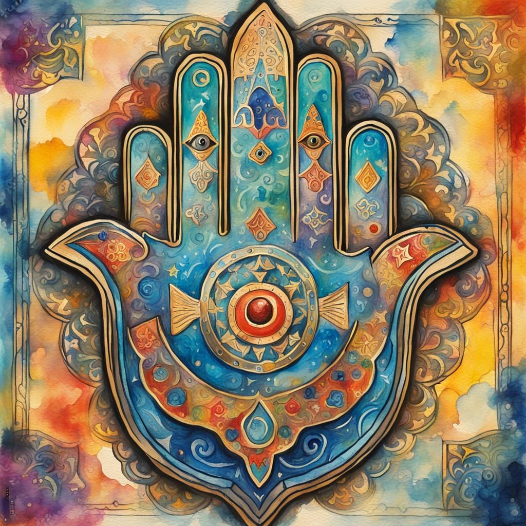 Hamsa Symbol Tarot Card in Gouache Style