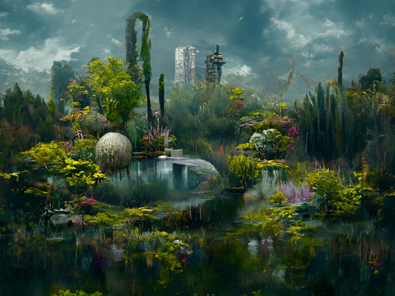 Hyperrealistic Garden with Pond in Digital Art Style
