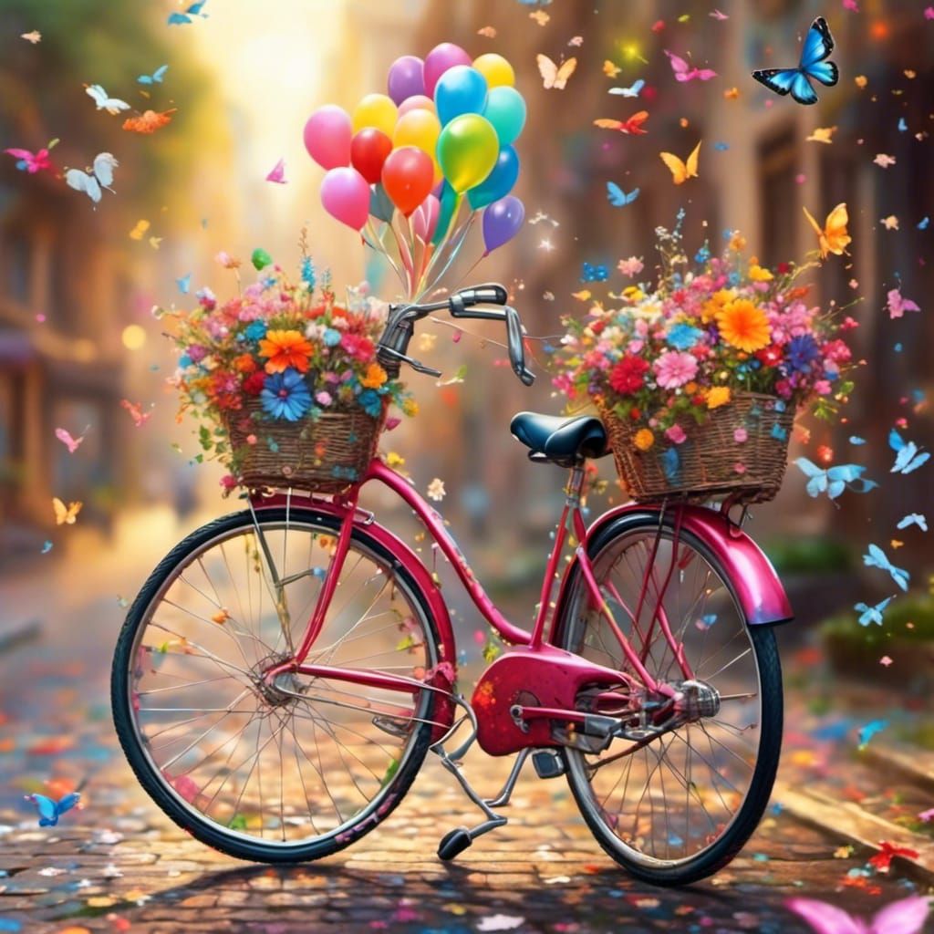 Colorful Birthday Scene with Bicycle and Drone