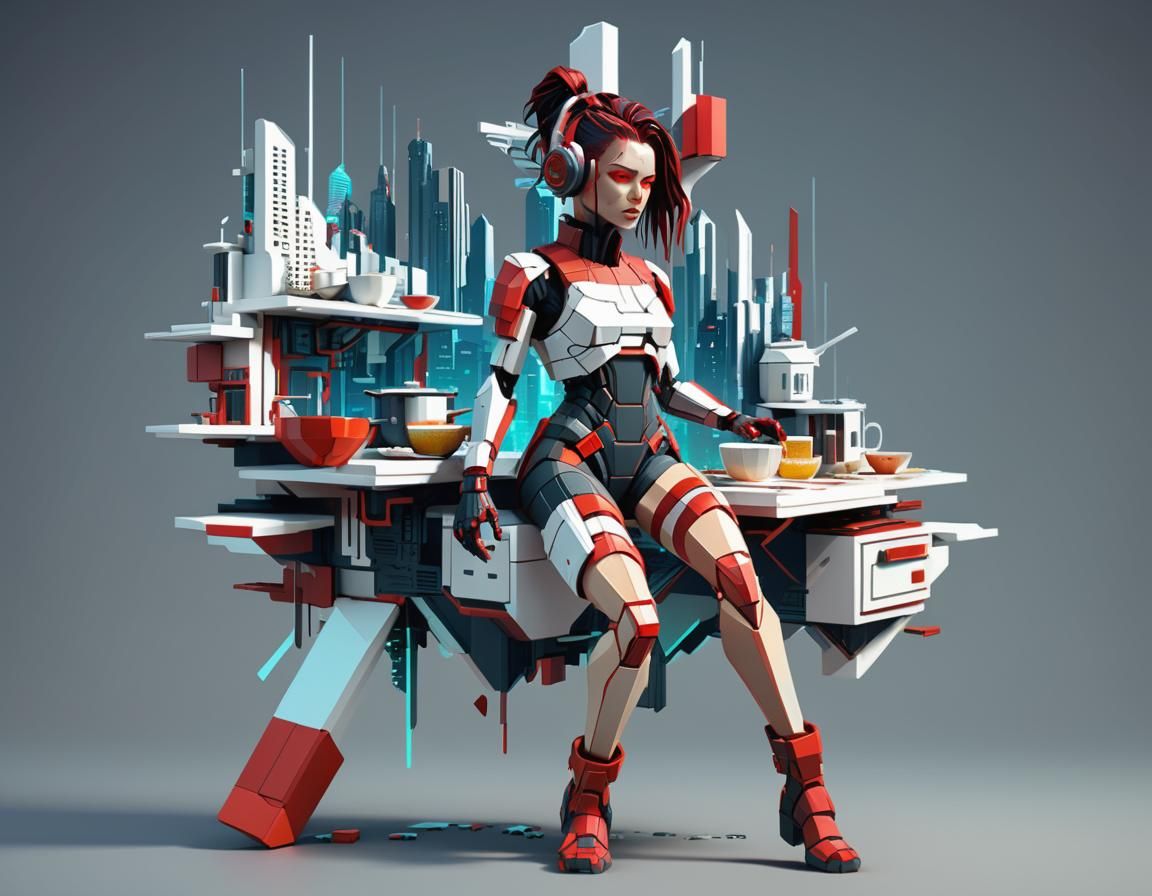 Cyberpunk 3D Model with Woman, Cityscape and Graffiti