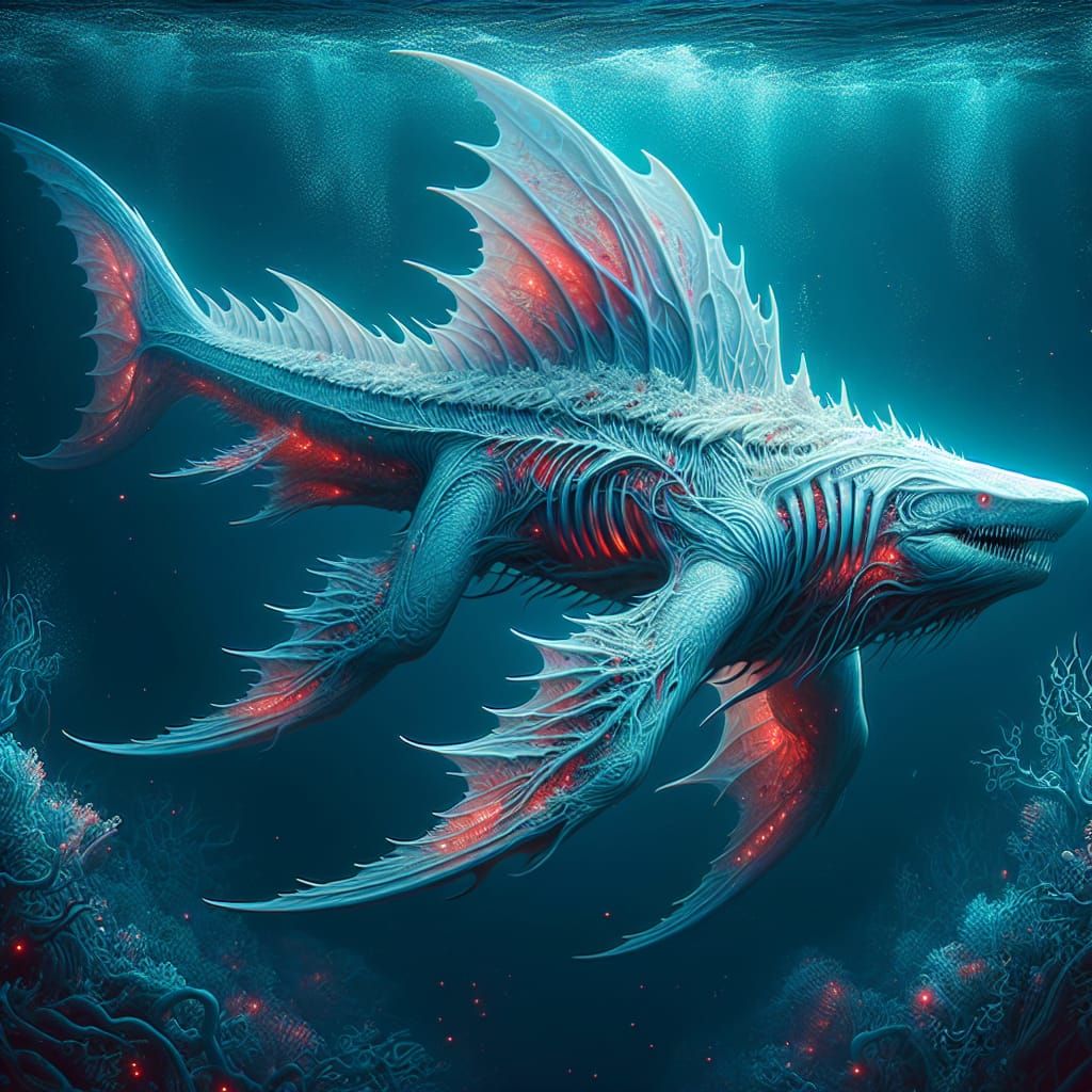 Albino Megalodon with Bioluminescence in Deep Ocean