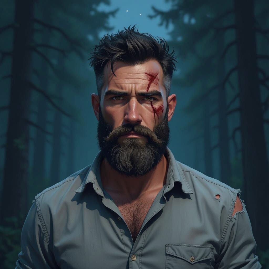 Stern Bearded Man in Forest, Realistic Digital Art