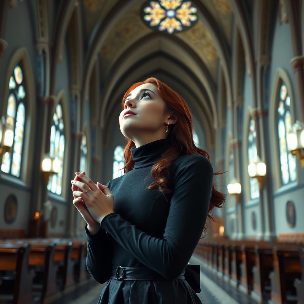 Gothic Princess Prays in Cathedral
