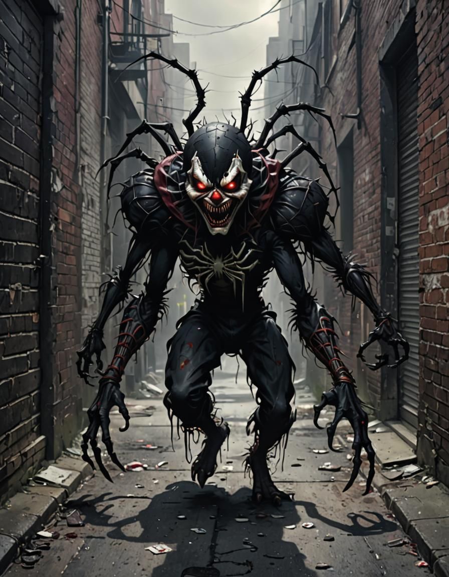 Horrific Spider Clown Creature in Dark Alley