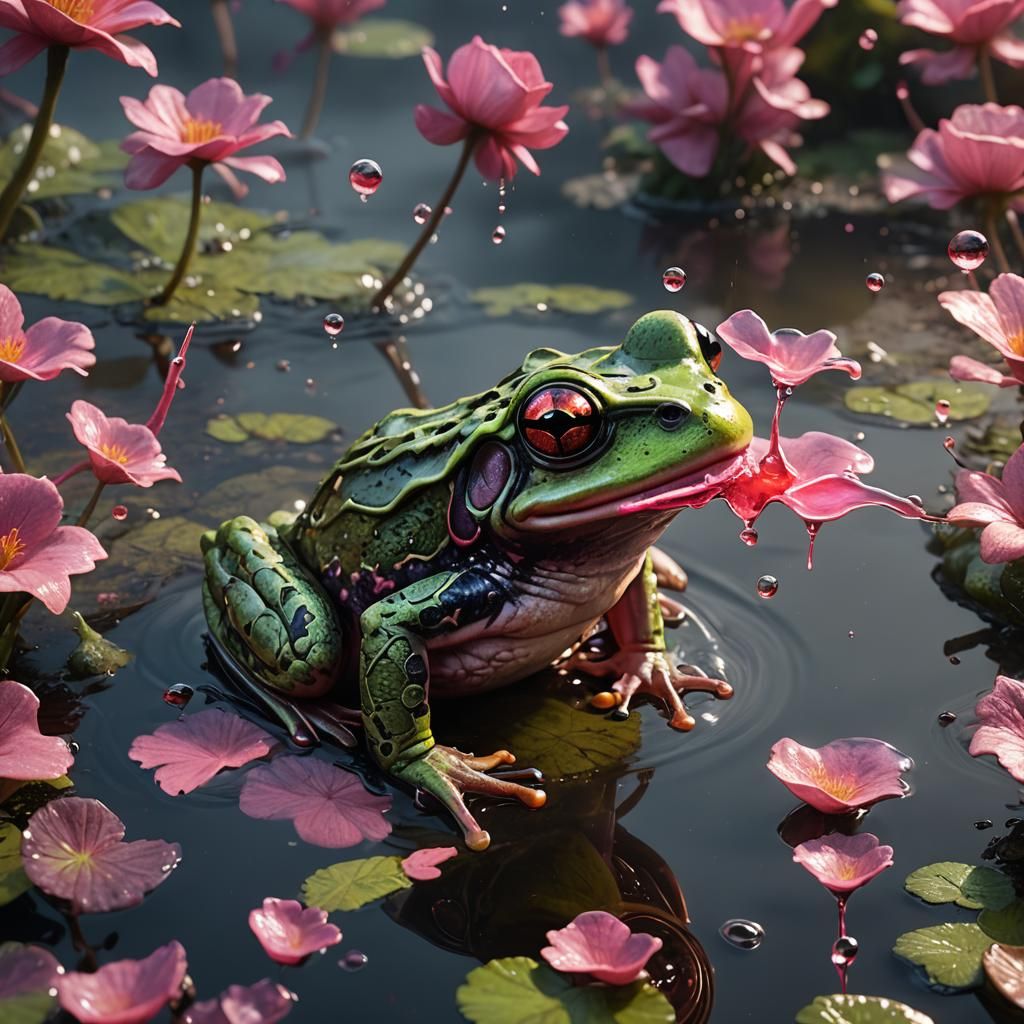 Green Frog Spitting Pink Fluid: Detailed Fantasy Art