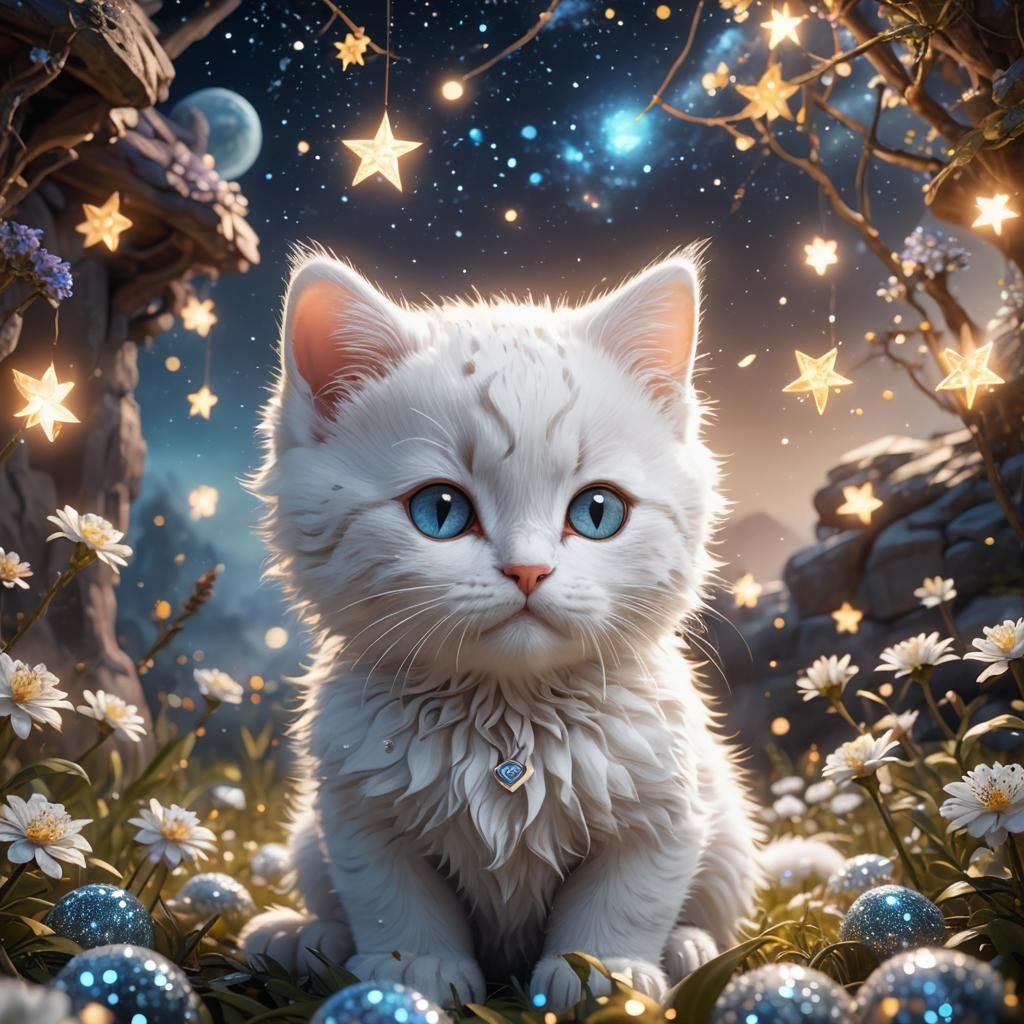 Sleepy White Kitty in Shining Starlight