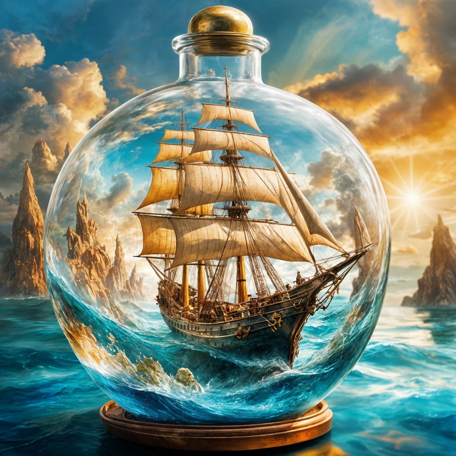 Majestic Ship in a Bottle Fantasy Painting