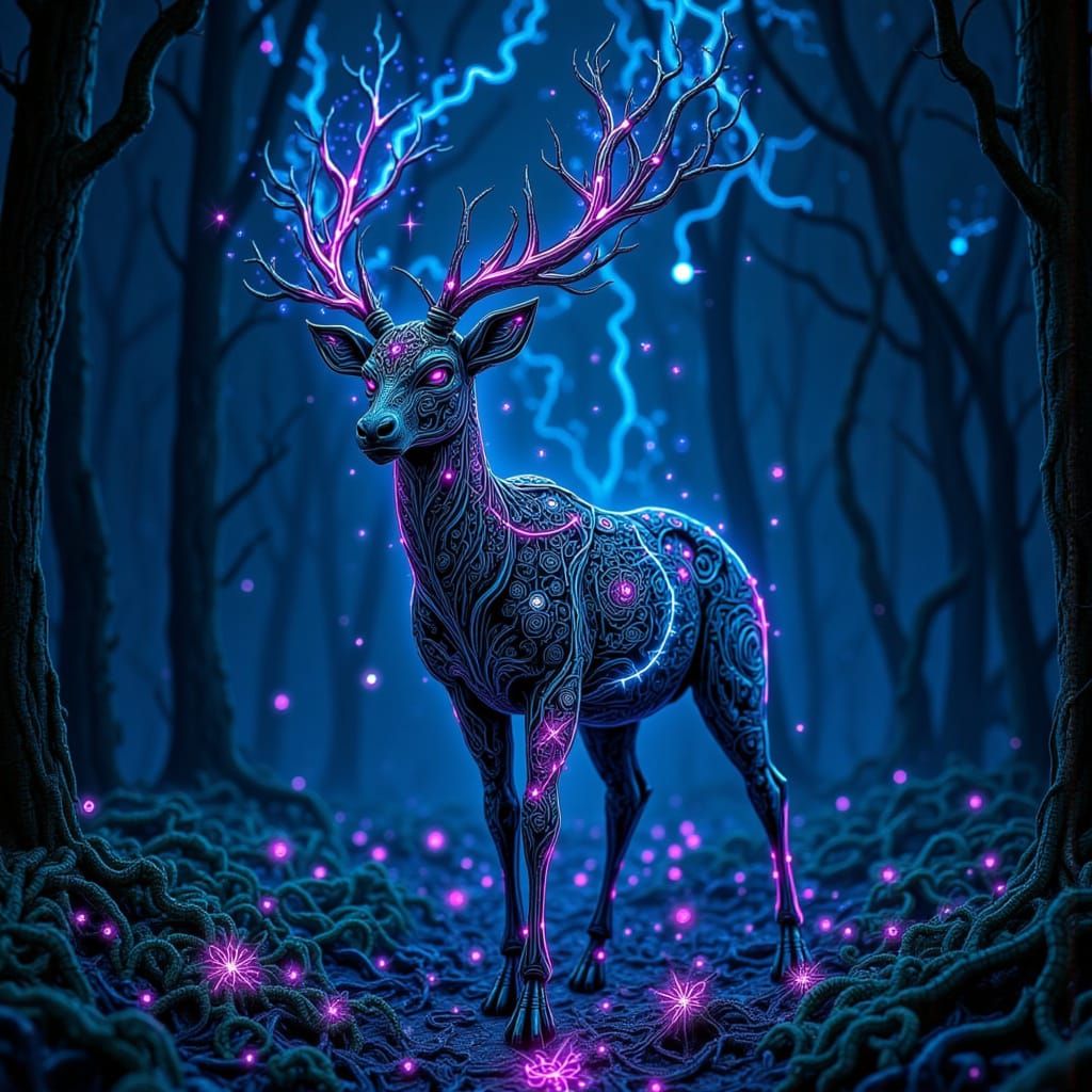 Bioluminescent Stag with Galaxy Antlers in Ghibli Style
